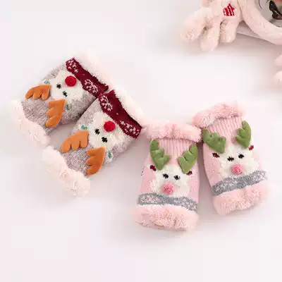 Christmas gloves female half plus velvet warm cute Korean student wool cartoon thick cotton finger winter Christmas