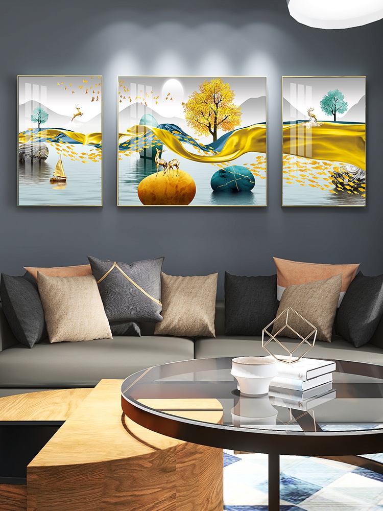 Living room decoration painting sofa Background wall modern minimalist atmosphere light and luxurious upscale hanging painting wall painting crystal porcelain triptych