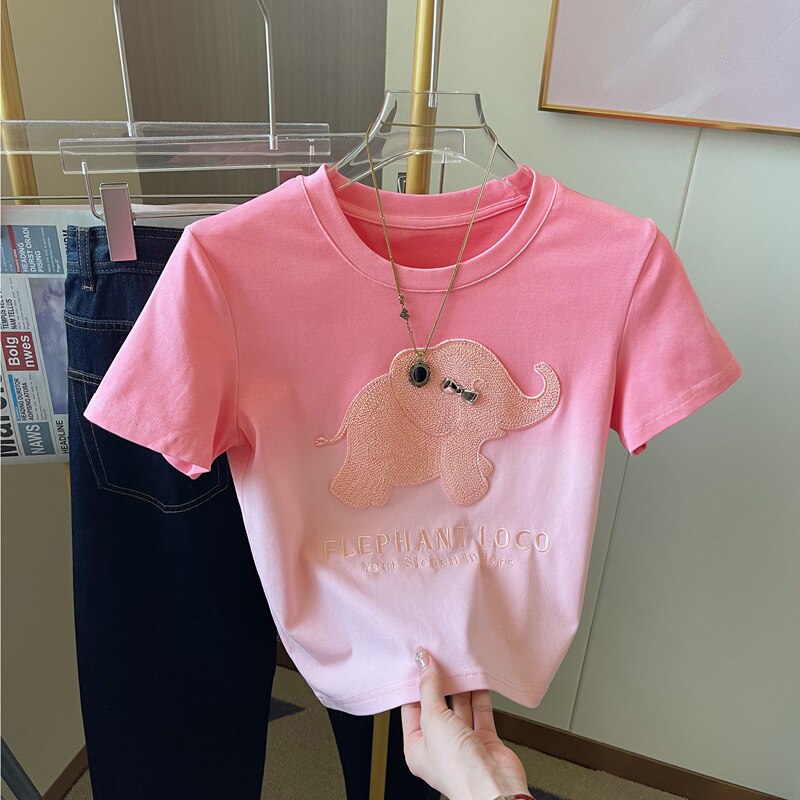 Pink Gradient Embroidered Elephant Short-Sleeve T-Shirt for Women, Summer Design, Niche, Versatile, Slimming, Fitted Short Top