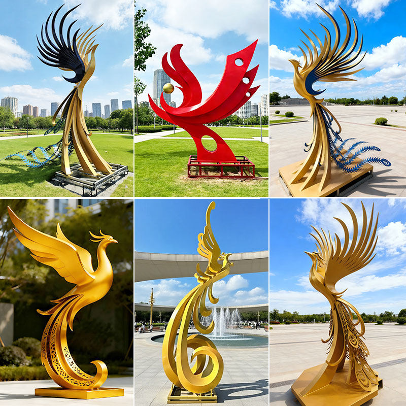 大型不鏽鋼鳳凰雕塑定製金屬抽象五彩朱雀鏤空發光景觀吉祥物擺件-淘寶