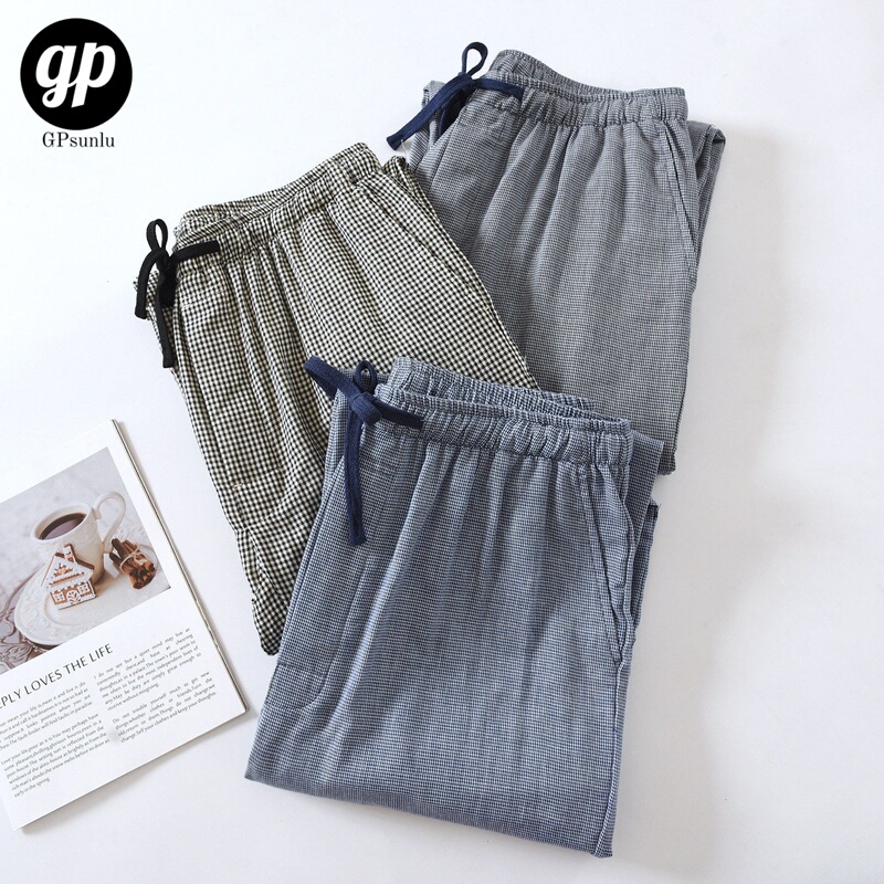 Japanese-Style Niche Gp Men's Pure Cotton Plaid Sleep Pants, Summer Loose Casual Simple Home Long Pants, All-Cotton for Spring and Autumn