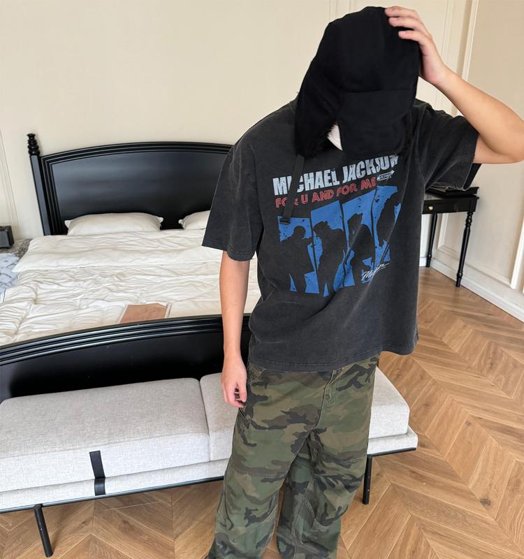 Wa1R Michael Jackson Digital Direct-Print 280g Heavy Washed Short-Sleeve Character Parody Band T-Shirt