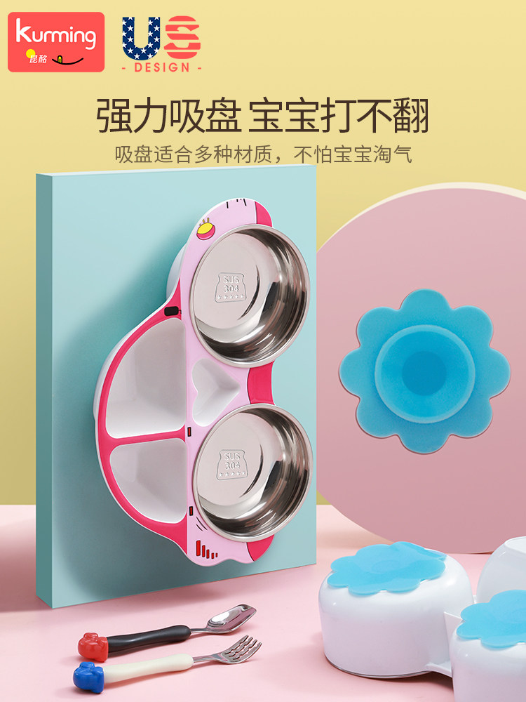 Children's Dinner Plate with Compartments, Water-Filled Insulated Bowl and Chopsticks, Cartoon Design for Boys and Girls, Stainless Steel Baby Tableware Set