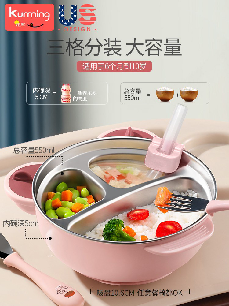 Children's Dinner Plate, Infant Suction Cup Divided Plate, Girl's Stainless Steel Bowl, Water-Filled Bowl, Insulated Dinner Plate, Baby Tableware