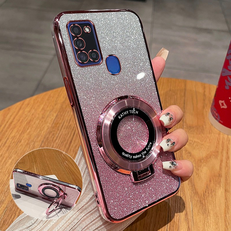 Samsung A21S New Phone Case, High-End Gradient Glitter Fashion, Suitable for Samsung A21S Magnetic Stand, Full Coverage Ultra-Thin Transparent Soft Case, Galaxy A21S Anti-Drop Luxury Women's Protective Case