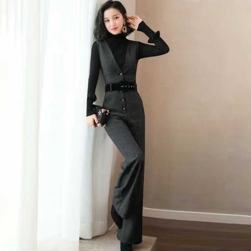 Hepburn-Style Jumpsuit, Elegant Overalls Set for Women, New Autumn and Winter Style, Stylish Sweater, Wide-Leg Pants, Fashionable