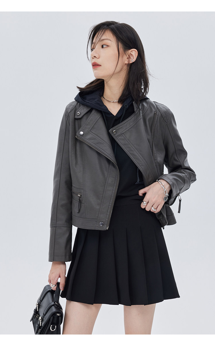 Кожаная куртка 覆古斜拉炼 炼 𫔀短款机车风上衣2025新款春秋立领修身黑色pu皮衣外套女 Tnxn