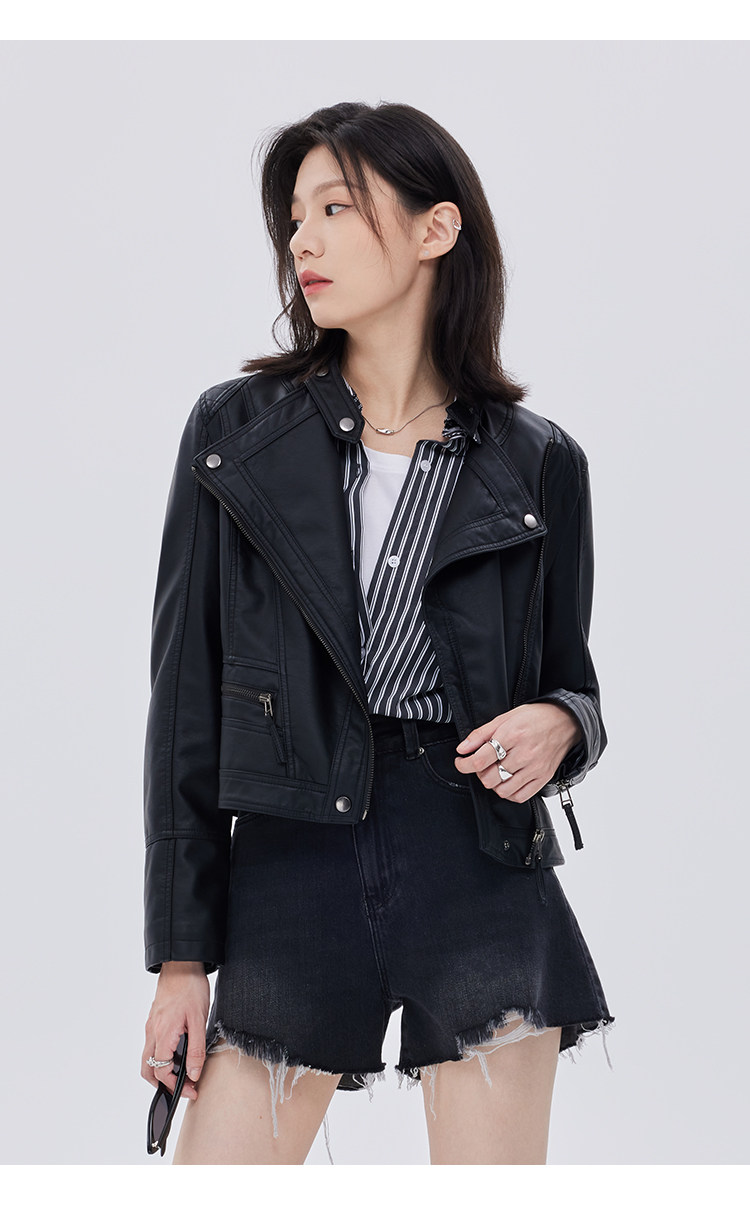 Кожаная куртка 覆古斜拉炼 炼 𫔀短款机车风上衣2025新款春秋立领修身黑色pu皮衣外套女 Tnxn