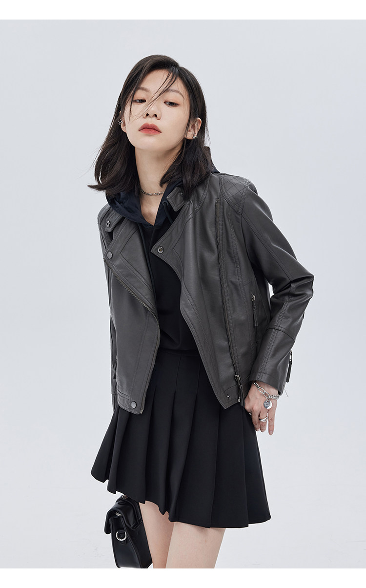 Кожаная куртка 覆古斜拉炼 炼 𫔀短款机车风上衣2025新款春秋立领修身黑色pu皮衣外套女 Tnxn