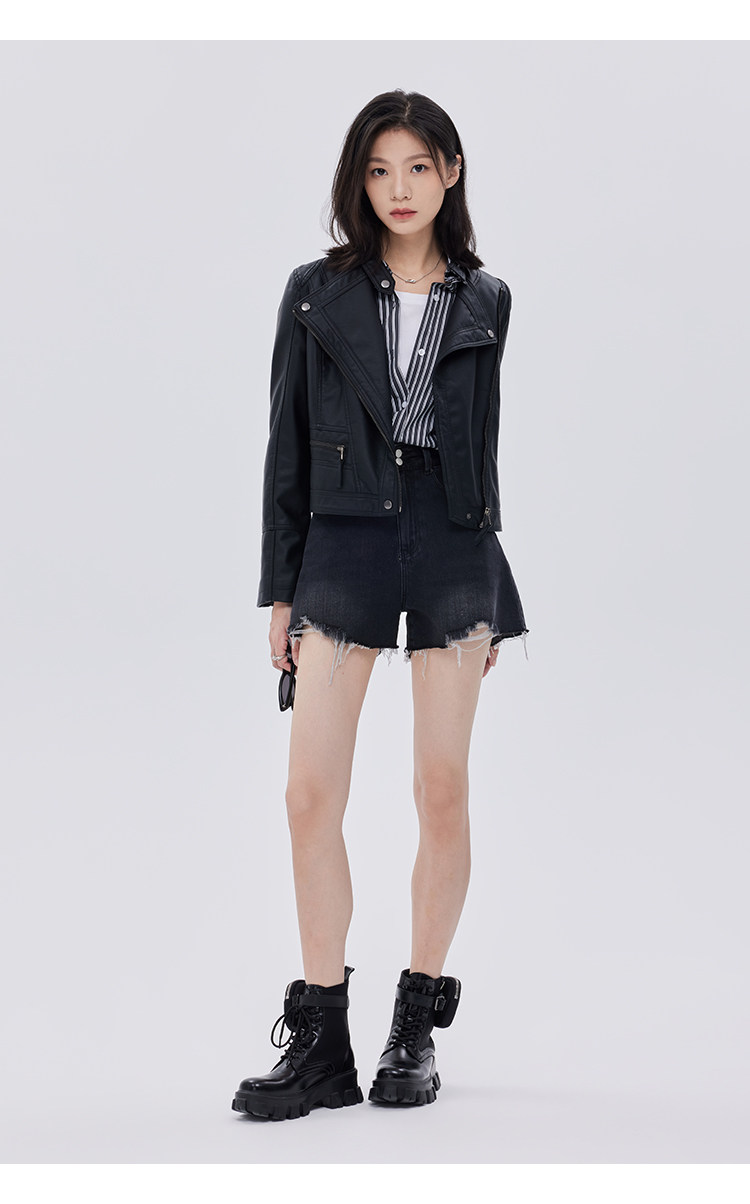 Кожаная куртка 覆古斜拉炼 炼 𫔀短款机车风上衣2025新款春秋立领修身黑色pu皮衣外套女 Tnxn