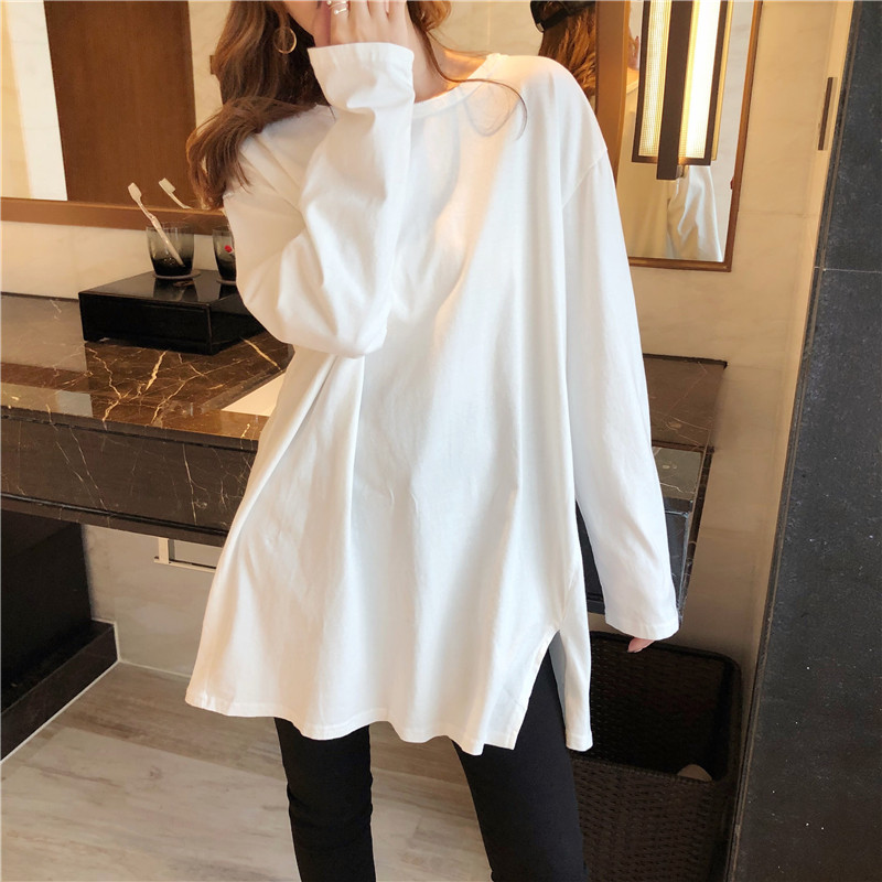 Early spring white loose long sleeve T-shirt female pure cotton Nets in undershirt Korean version with long version of blouse spring and autumn season plus suede