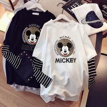  Long-sleeved t-shirt womens autumn Korean version of loose casual wild mid-length top spring and autumn pure cotton fashion fake two-piece tide