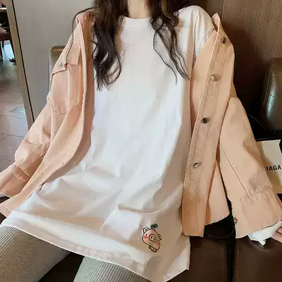 White long-sleeved T-shirt women's loose large size bottoming shirt Korean version of autumn pure cotton wild medium and long version of the top embroidery tide