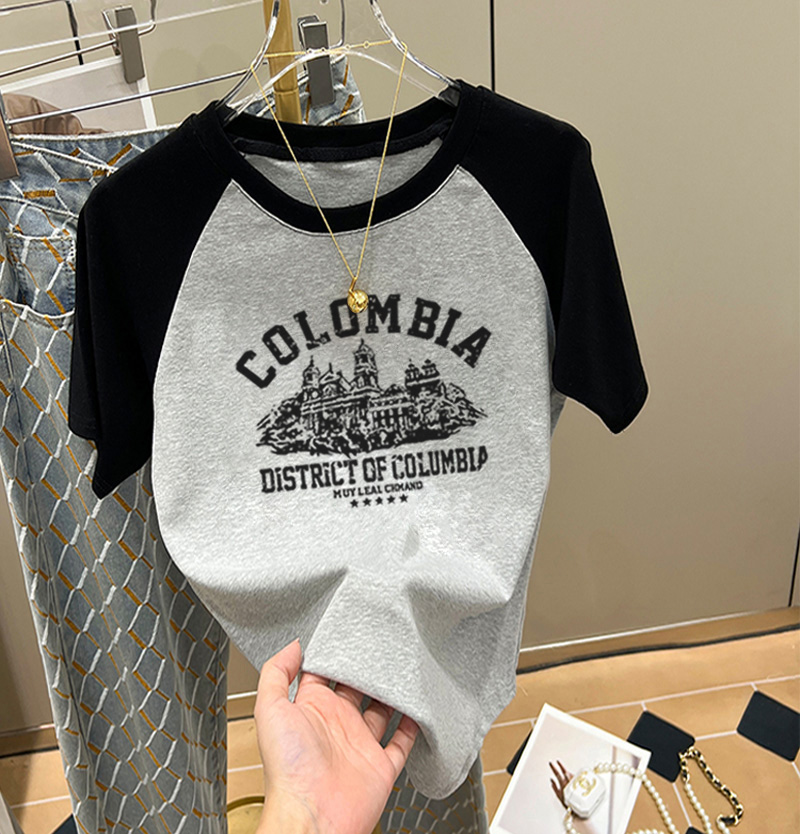 2025年新作、肩のコントラストカラー、純綿、半袖Tシャツ、レディース、イン、ファッショナブル、多機能、年齢を感じさせない、スリミングショルダートップ、夏