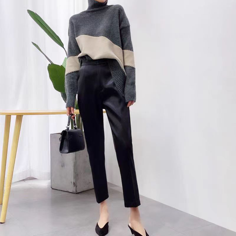 Glossy Pants for Women, Spring and Summer, Slimming, White and Black, Straight Wide-Leg Pants, Nine-Point Length, Acetate Glossy Satin Suit Pants