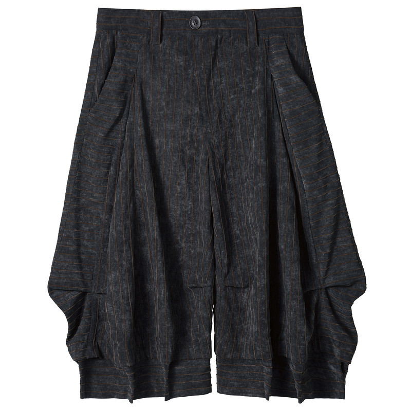 54A0 [Taro Pants] Oversized Pleated Wide-Leg Patchwork Loose Textured Striped Design Over-The-Knee Shorts Capri Pants