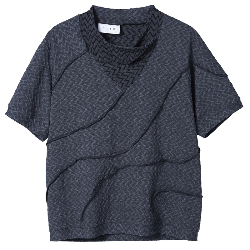 54A0 [Cenqiu T-Shirt] Reverse-Wear Deconstructed Curved Splicing Original Design Niche Knitted Stacked Collar Short-Sleeve Top
