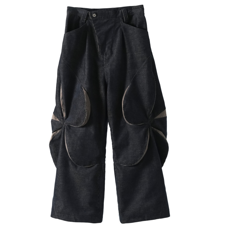 54A0 [Fenggu Pants] Loose-Fitting Wide-Leg Pants with Deconstructed Arc-Shaped Splicing Structure, Three-Dimensional Texture, Dark Pattern, and Two-Tone Design