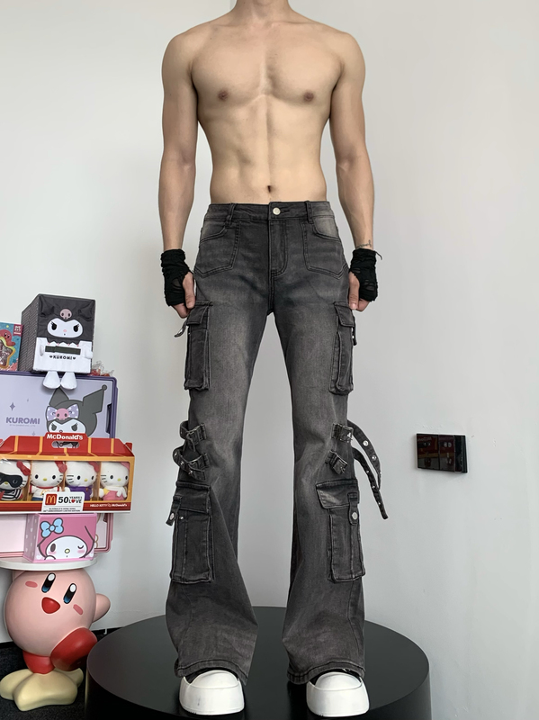 Light Subculture Punk Style Washed and Distressed Workwear Jeans for Men, Heavy-Duty Slim-Fit Straight-Leg Stacked Micro-Flared Pants