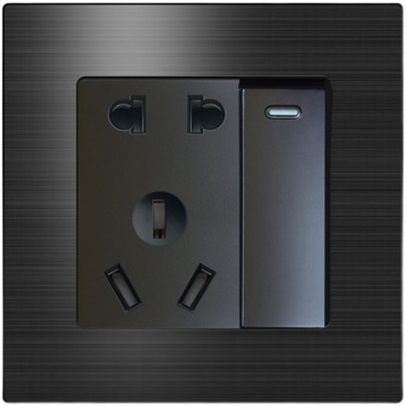 Type 86 concealed wall switch socket one open with five-hole USB black aluminum wire drawing and more three-hole 16A air conditioning socket