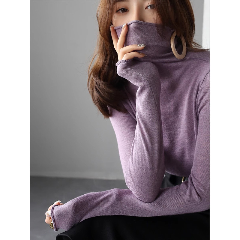 French-Style Purple Rolled-Edge Turtleneck Knit Base Shirt for Women, Soft and Cozy Inner Sweater with a Stacked Collar for Autumn and Winter French-Style Purple Rolled-Edge Turtleneck Knit Base Shirt for Women, Soft and Cozy Inner Sweater with a Stacked Collar for Autumn and Winter