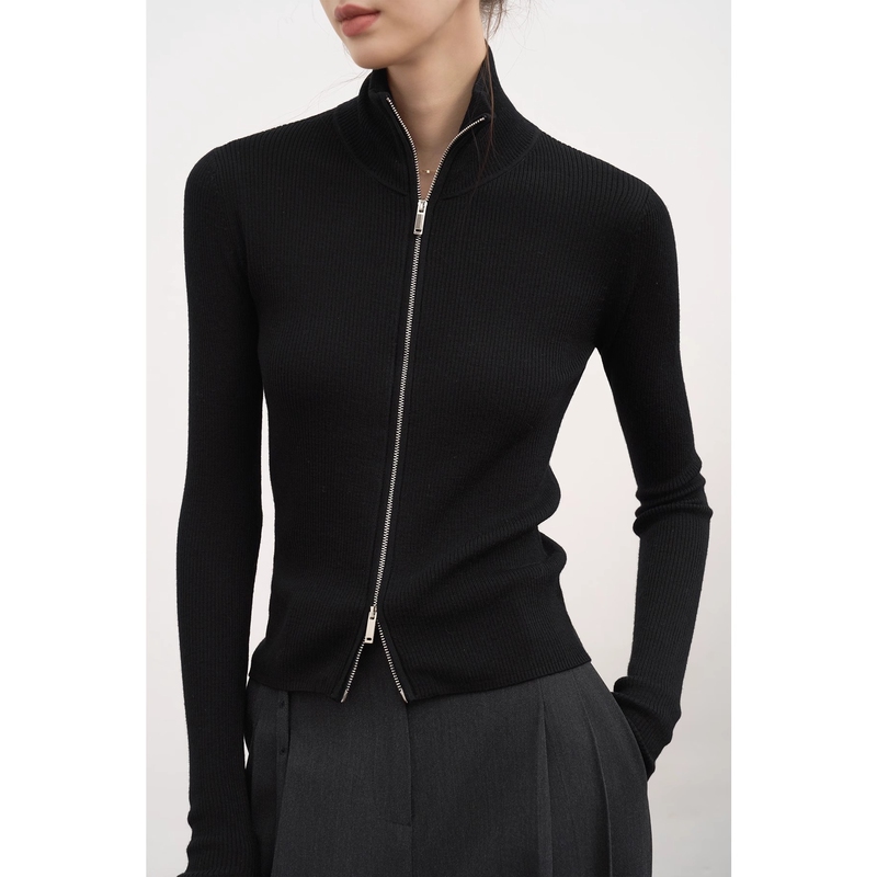 Black Double-Zip Stand Collar Knitted Cardigan for Women, Autumn and Winter Slim Fit Inner Layer Fine Ribbed Sweater Coat Unique Top Black Double-Zip Stand Collar Knitted Cardigan for Women, Autumn and Winter Slim Fit Inner Layer Fine Ribbed Sweater Coat Unique Top