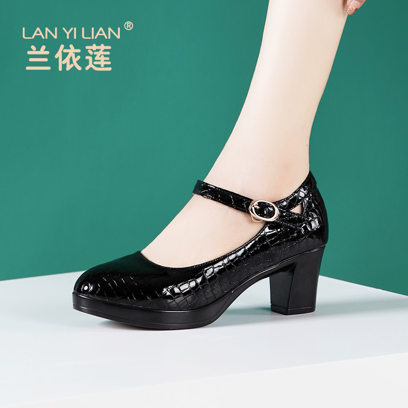 Crocodile-Pattern Patent Leather Cheongsam Runway High-Heeled Chunky Mid-Heel Square Dance Shoes Round Toe Soft Sole Non-Tiring Work Women's Shoes