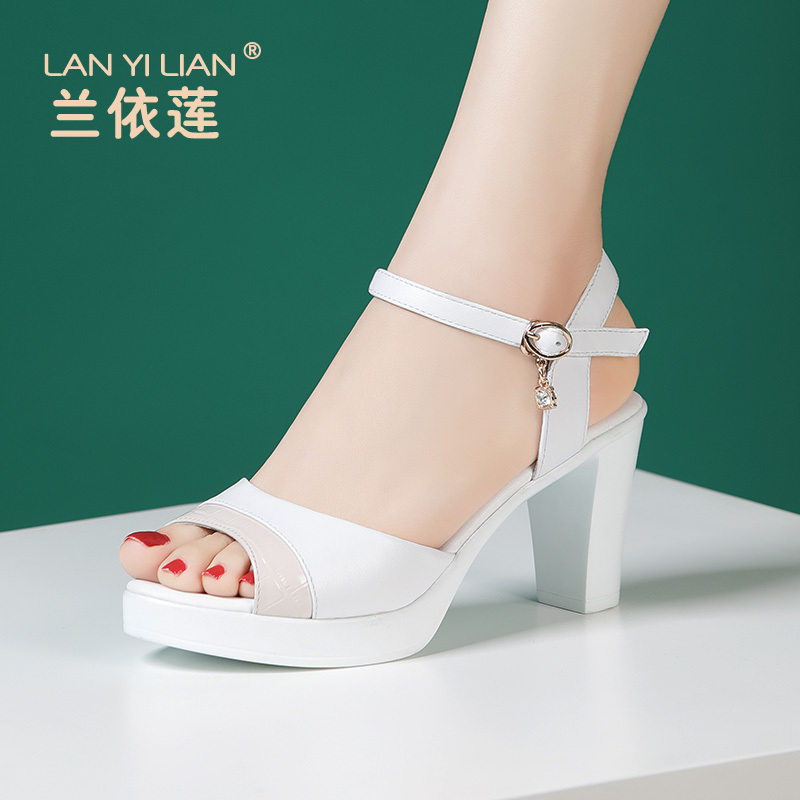 Genuine Leather Runway High-Heeled Sandals for Women 2026 New Summer Chunky Heel Ankle Strap Rhinestone Mid-Heel Versatile Fashion High Heels