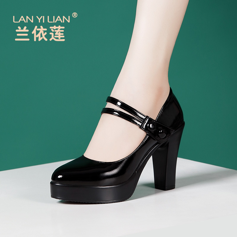 Soft Cowhide Cheongsam Catwalk High-Heeled Platform Shoes for Model Training, Waterproof Platform, Thick Heel, Velcro Patent Leather Single Shoes for Women