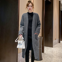 Maternity wear autumn top Korean style knitted cardigan jacket mid-length loose V-neck long sleeves