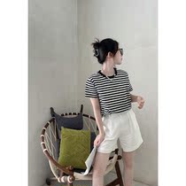 Hu sister striped short-sleeved t-shirt womens summer contrast color age reduction Korean version loose round neck pullover bottoming top body