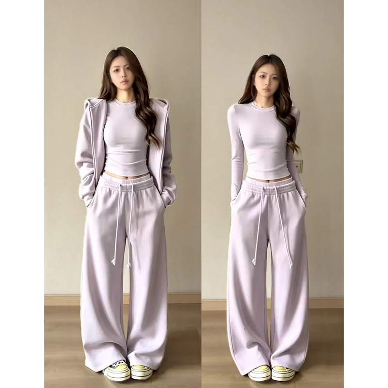Pink-Purple Sports Casual Sweatshirt and Pants Set for Women, Autumn 2026 New Korean Style Outfit, Complete Set