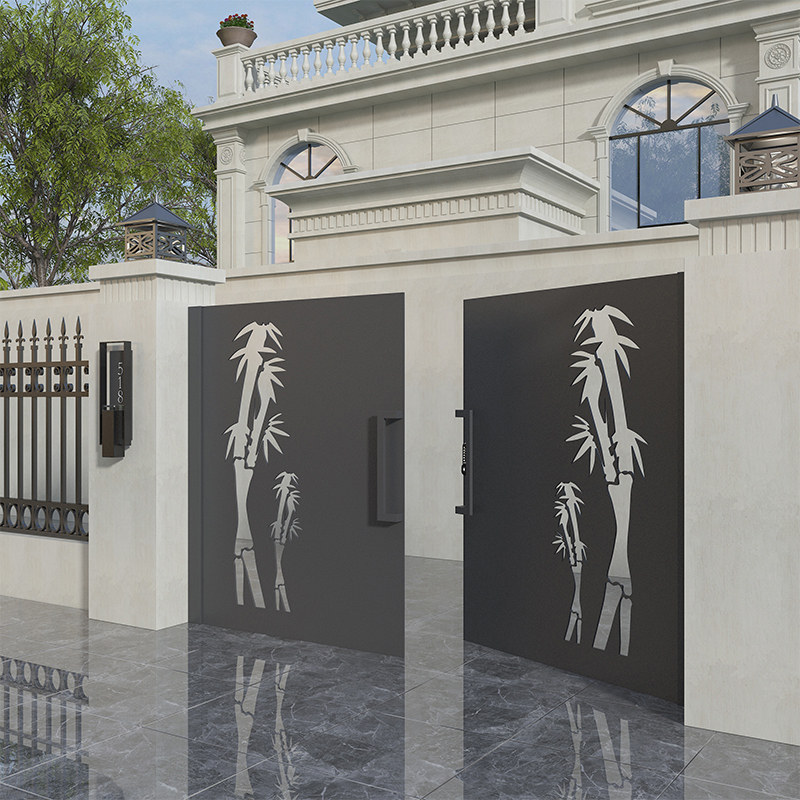 Wrought iron courtyard door villa gate laser engraving iron single open double door outdoor garden door