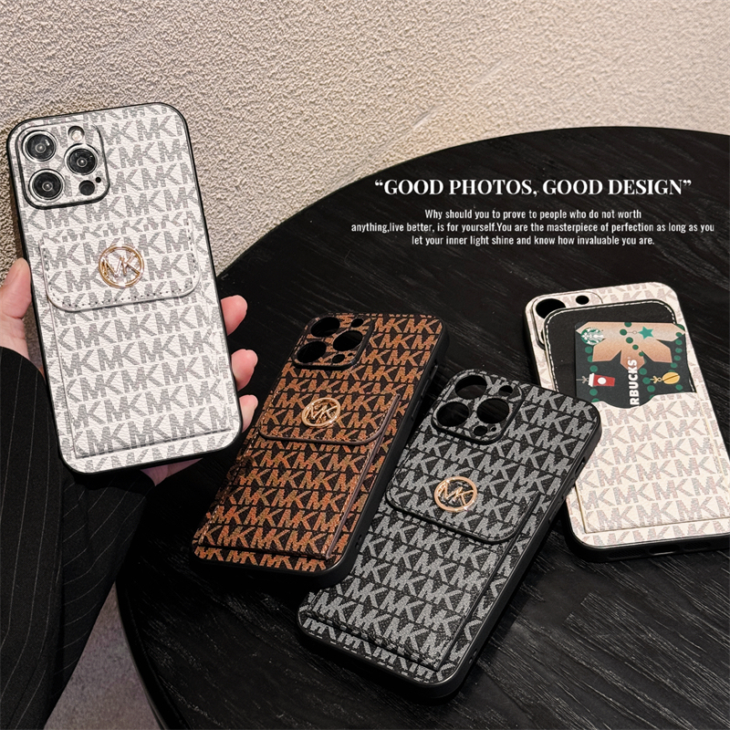Trendy Brand Mk Monogram Magnetic Card Holder Case for 17Promax Phone, 16Pro Apple 17 New Model iPhone 16 High-End Leather 15Promax Soft Case 14Pro Full Coverage 13 Shockproof Suitable for Men and Women
