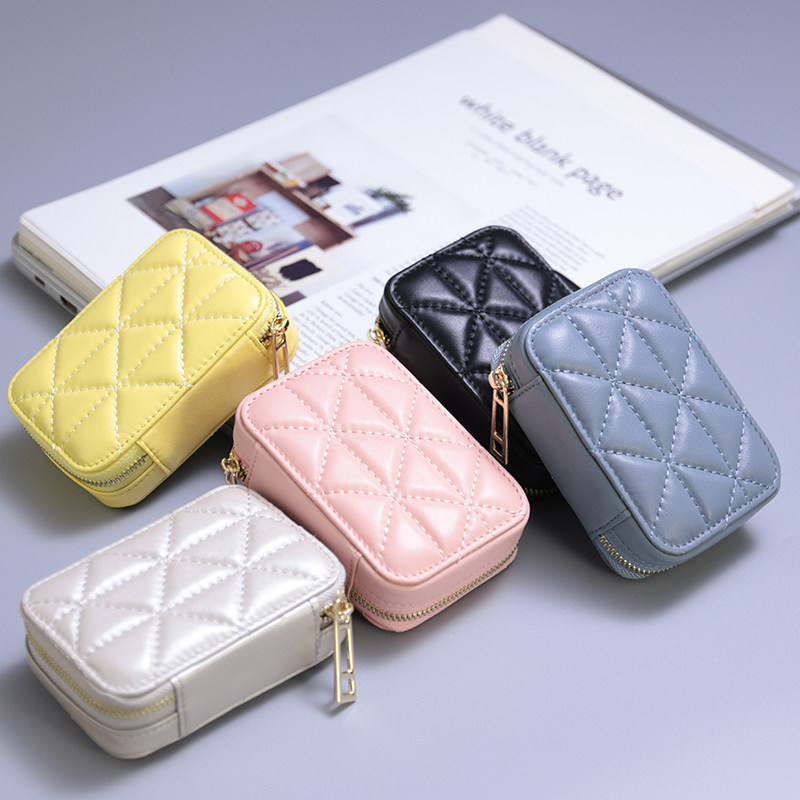 Japan-ROK mini real leather driver's license card bag mouth red packet with mirror cow leather makeup bag data line headphone containing bag