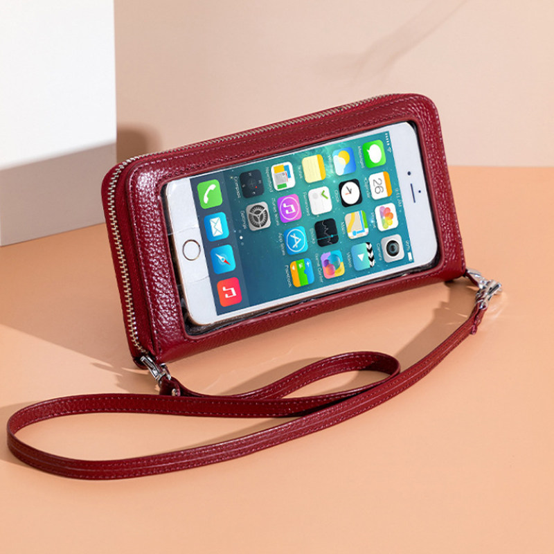New Tide Red Mobile Bag Leather Touch Screen Female Rfid Anti-theft Brush Transparent Mobile Wallet Mini Shoulder Bag