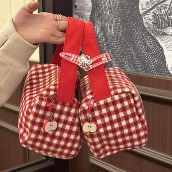 New Four-Season Plaid Large-Capacity Red Portable Storage Bag, Three-Dimensional Cosmetic Bag, Super Cute Toiletry Bag, Handbag for Women