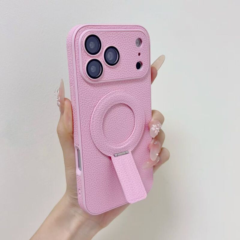 Suitable for Apple 17Promax Phone Case with Built-In Lens Film, Iphone16Pro Magnetic Protective Case with Stand, 15Plus Full-Cover Anti-Drop, 14Pro Carbon Fiber Couple Style with Lychee Texture