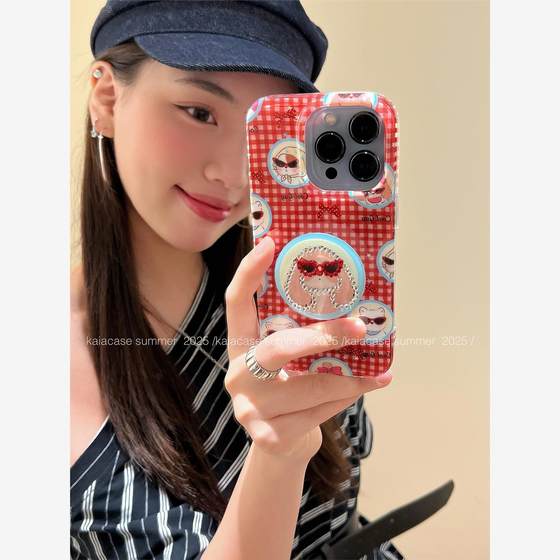 틈새 레드 체크 무늬 모조 다이아몬드 고양이 토끼 선글라스 Apple 16promax 휴대 전화 케이스 iPhone 13 New 15 Women 14Pro 괄호 16Pro 더블 레이어 안티 폴 휴대 전화 케이스