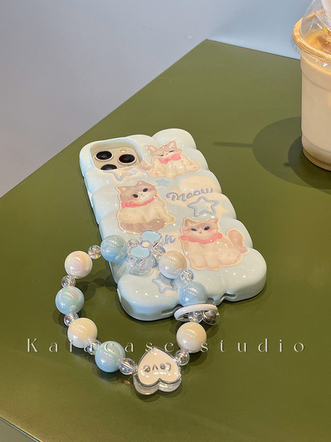 Japanese and Korean ins stars cute cats suits Apple 13 mobile phone case wrist lanyard iphone14promax creative 12 anti-fall 11 new 14pro women's Apple 14 protective cover