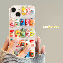 INS 스타일의 3 차원 재미 음료는 Apple 15 휴대 전화 케이스 Creative iPhone 13 Promax New 14 Promax Niche 12 여성 11 13 실리콘 드롭 접착제 전체 커버 보호 케이스에 적합합니다.