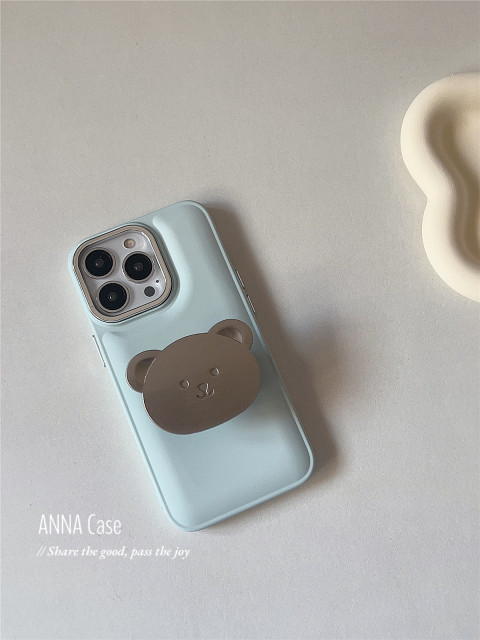 Korean ins milk blue metal bear holder for iphone14promax apple 13 mobile case 11 new 12pro silicone xs female all-inclusive soft shell