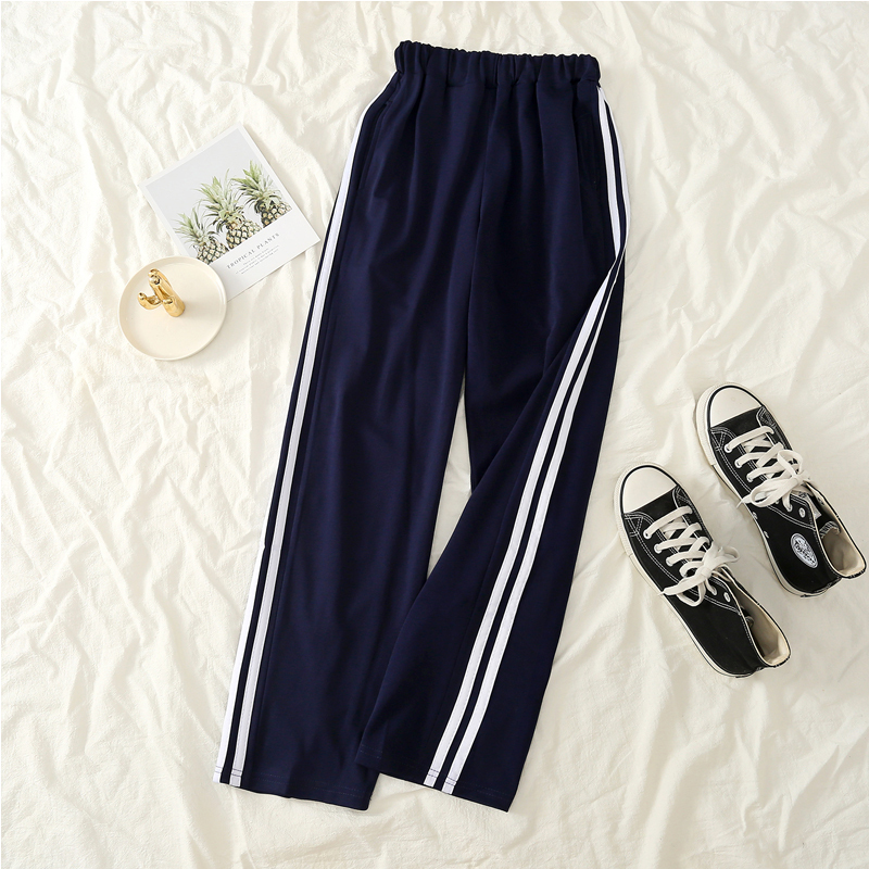 Navy Blue Two-Stripe Student Sweatpants, Loose Straight-Leg Trendy Versatile Casual Pants, Men's Striped School Uniform Pants Navy Blue Two-Stripe Student Sweatpants, Loose Straight-Leg Trendy Versatile Casual Pants, Men's Striped School Uniform Pants
