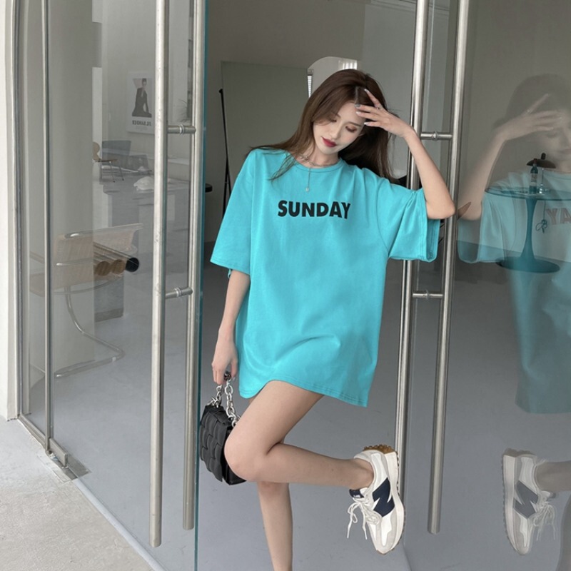 Summer Lake Blue Short-Sleeve T-Shirt for Women 2026 New American Retro Mid-Length Loose Top Trendy Summer Lake Blue Short-Sleeve T-Shirt for Women 2026 New American Retro Mid-Length Loose Top Trendy