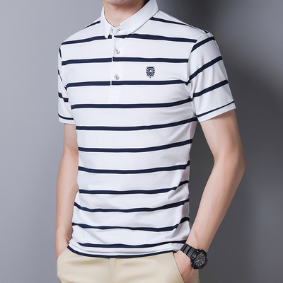 短袖t恤男士纯棉爸爸装翻领polo衫条纹