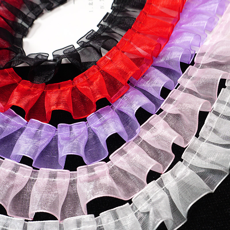 Multi-Colored Chiffon Ribbon with White Pleated Lace Trim DIY Resin Cream Glue Phone Case Edge Wrapping Material