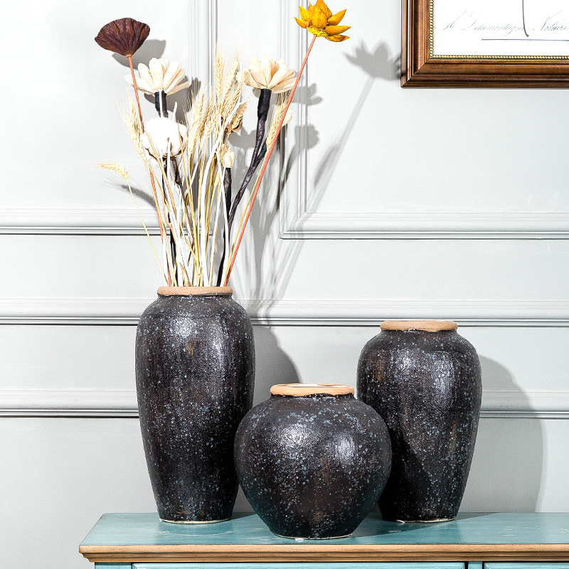 Jingdezhen ceramic vase retro nostalgic Chinese black stoneware pot vase with dry flower fake flower simulation flower vase