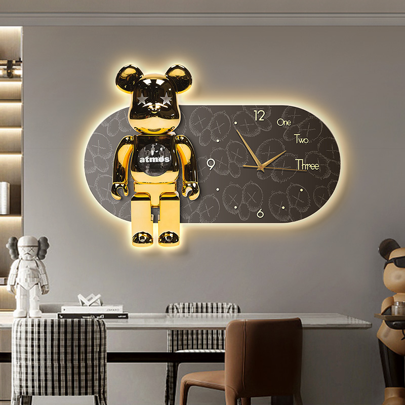 Violent Bear Hanging Clock Living Room Dining Room Restaurant Clock Decoration Painting Light Luxury Superior Dining Room Table Background Wall Hanging Painting Clock-Taobao