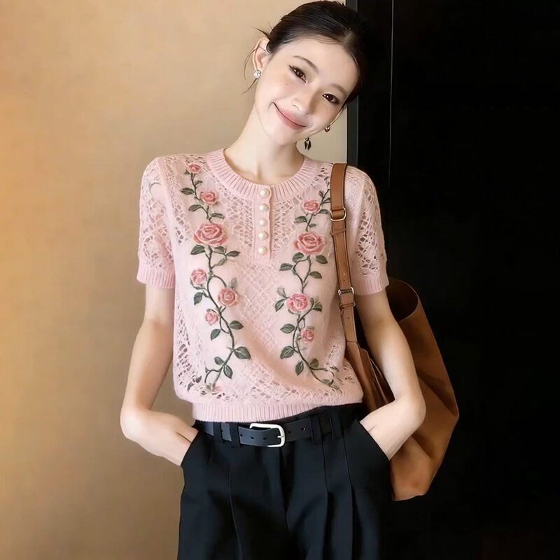 Discount Clearance Pink Korean Style Round Neck Rose Print Knitted T-Shirt for Women, Lightweight and Breathable Summer Top
