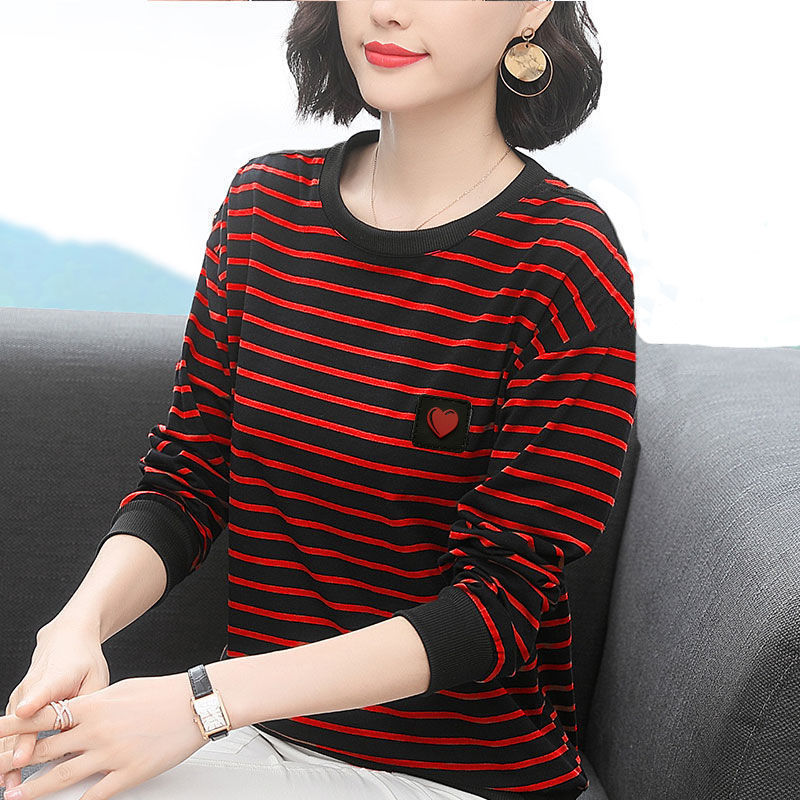 Red Black Stripe [Good Quality & No Pilling]contain Cotton T-shirt female Long sleeve 2021 spring and autumn new pattern Age reduction middle age mom Big size stripe easy ma'am jacket tide
